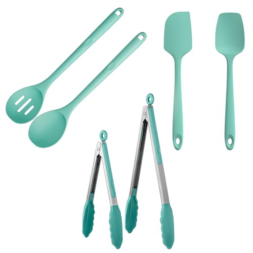 U-Taste 600ºF Silicone Spoon Set 13.3in Solid Slotted 2PCS & Spatula Set Heat Resistant & 600ºF Tongs Set 9 12inch Nonstick Stainless Handle(Aqua Sky)