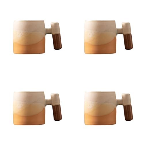 2-Oz Ceramic Espresso Cups with Wood Handle, 2/4-Piece Set for Coffee, Tea, Latte - Dishwasher Safe, Multi-Color & Wood Styles, Gift & Café Use (Kiln turning yellow, Wooden Handle4) - color: Kiln turning yellow, size: Wooden Handle4