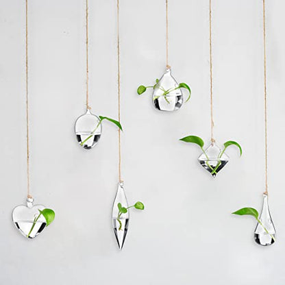 Zopeal 6 Set Wall Hanging Glass Planter Terrarium Propagation Station Vase Container Watering Squeeze Bottle with Rope and Hook for Hydroponic Plants Flower Home Decor Gifts (Classic Style)