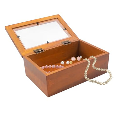 Wood Storage Box with Window, Rustic Style Square Pine Wooden Gift Box, Jewellery Organize Container Display Case for DIY Party Favor Gift Package, 6.8" x 4.4" x 2.5"