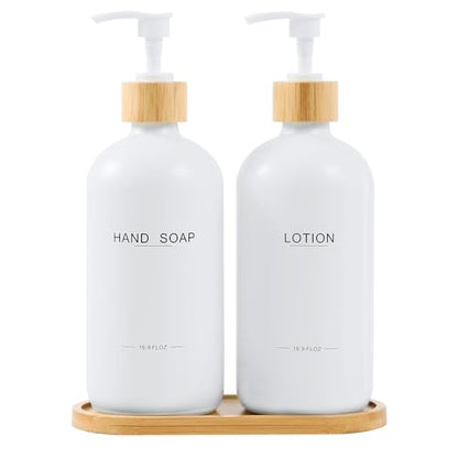 Bathroom Soap Dispenser Set, White | Bamboo Pumps & Tray, Lotion Dispenser, Hand Soap Dispenser, Bathroom Counter Decor - color: Hl White
