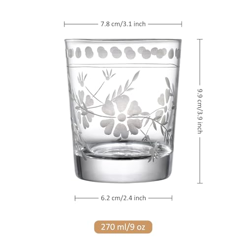 Joeyan Hand Blown Etched Drinking Glasses,Clear Water Glass Cups with Floral Pattern,Aesthetic Tumblers Glassware Set for Beverages Juice Cocktail Whiskey,9 oz,Set of 4,Dishwasher Safe - color: Drinking Glasses