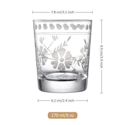 Joeyan Hand Blown Etched Drinking Glasses,Clear Water Glass Cups with Floral Pattern,Aesthetic Tumblers Glassware Set for Beverages Juice Cocktail Whiskey,9 oz,Set of 4,Dishwasher Safe - color: Drinking Glasses
