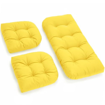 All Weather 3 Pieces Wicker Chair Cushions, Waterproof Outdoor Wicker Chair Cushion for Patio Furniture Loveseat Settee Bench, 1 Loveseat and 2 U-Shaped Thickened Cushions, Yellow - color: Yellow