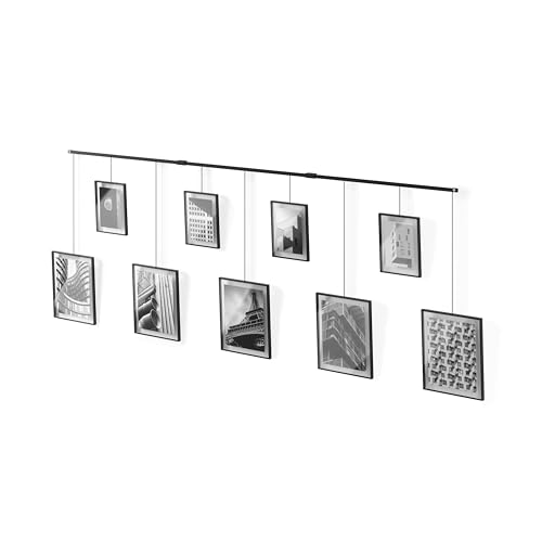 Umbra Exhibit Gallery Picture Frames, Adjustable Wall, Set of 9, Black | Steel, movable hanging rods, holds 8x10 and 5x7 sizes, minimal screw holes, mounting hardware included - color: Black, size: Set of 9, style: 9-Opening