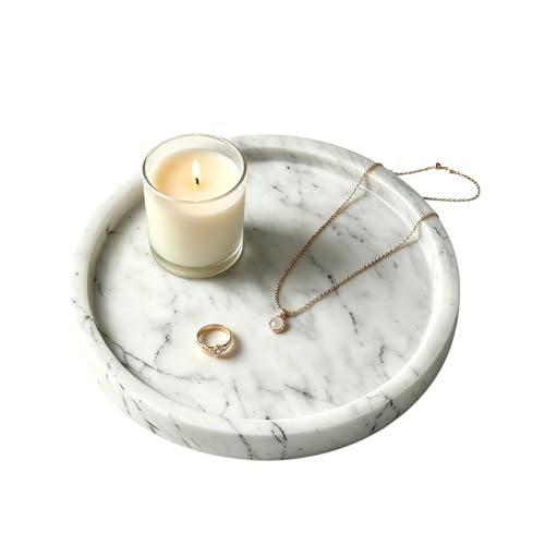 Round White Natural Marble Tray, Large Solid Marble Vanity Tray, Decorative Marble Tray for Kitchen Bathroom Dresser, Perfume Jewelry Cosmetics Storage, Modern Home Decor (White Marble 7.9'') - color: White Marble 7.9''