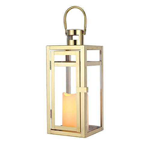 TRIROCKS Stainless Steel Decorative Lantern 12'' High Metal Candle Holder Outdoor Candle Lantern with Tempered Panels for Christmas Home Decor Living Room Parties Events Tabletop Indoor Outdoor (Gold) - color: Gold