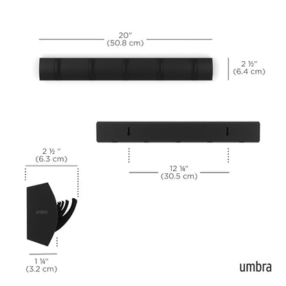 Umbra Flip Coat Rack, Wall Mounted 5-Hook Space Saving, Black/Black | Real wood and steel build, retractable hooks fold flat, holds coats bags and scarves, easy install - color: Black/Black, size: 5-Hook