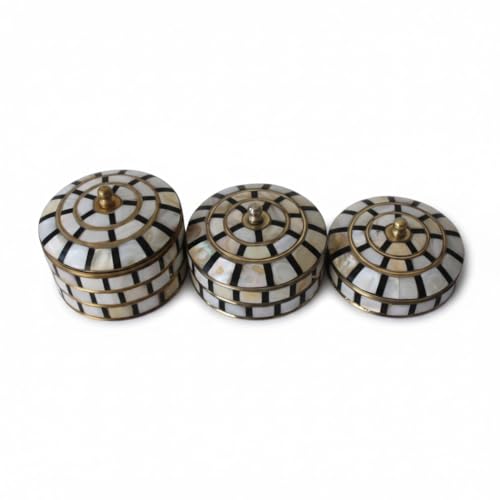 Round Hand Painted Decorative Jewelry Trinket Box Unique Gift for Home Decor Antique Metal Case with Mother of Pearl Sindoor Box/Coin Box for Women and Home Decor (TYPE-14) - color: TYPE-14