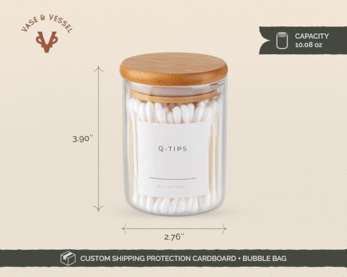 Mini Glass Apothecary Jars with Bamboo Lids, Small Bathroom and Kitchen Storage Containers, For Cotton Balls, Pads and Swabs, 10 oz, Set of 3 (Clear) - color: Clear