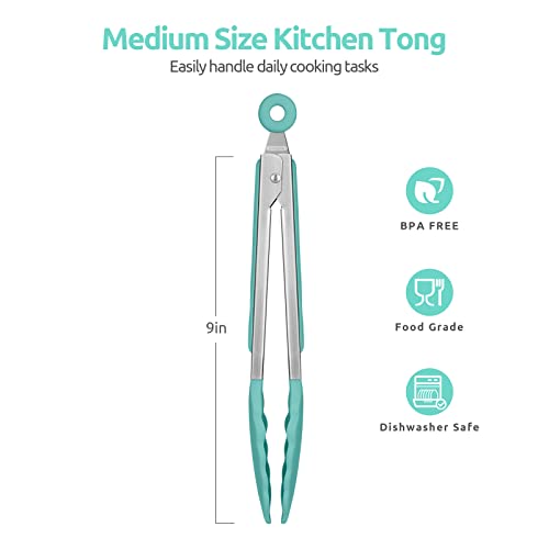 U-Taste 480ºF Heat Resistant Food Grade Silicone Spoon Spatula Set of 3 (Multicolor), and 480℉ Heat-Resistant Food-Grade Non-Stick Firm Cooking Tong 9 inch (Aqua Sky)