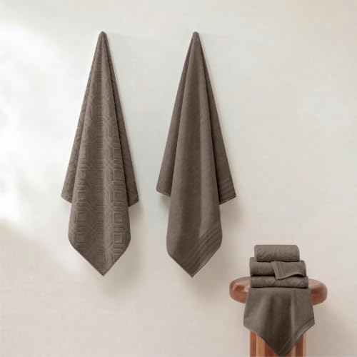 Modern Threads 6 Piece Cotton Bath Towel Set – Ultra Soft 550 GSM Towels – Bathroom Set with Hand Towels and Washcloths – Geometric (Classic Taupe) - color: Classic Taupe, size: Standard, style: Geometric