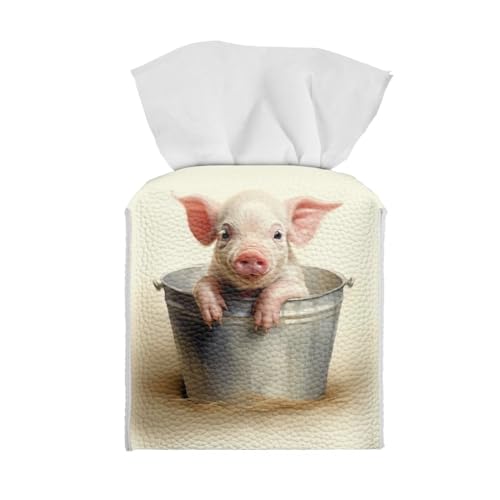 Baby Pig Tissue Box Holder Square Tissue Box Cover Decorative PU Leather Napkin Organizer Dispenser for Night Stands Bathroom Home Decor Novelty Holders Facial Paper Holders - color: Baby Pig