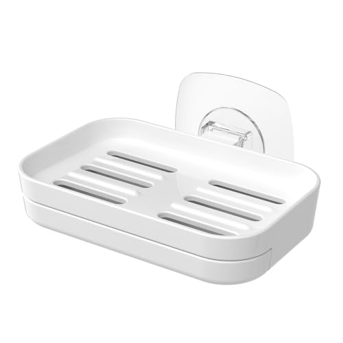 Soap Dish for Shower White Soap Holder with Strong Adhesive(1Pack) | No drilling self-draining design pull-out drip tray perfect for rv bathrooms & kitchens—keeps soap dry mess-free easy clean - color: White