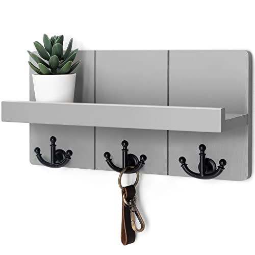 Rebee Vision Key Holder Wall Mount with 3 Key Hooks for Entryway,Light Gray | Key Holder for Wall, Anchor Key Hanger, Floating Shelf, Plant Display, Mail Organizer, Rustic Home Decor, Storage Accent - color: Gray