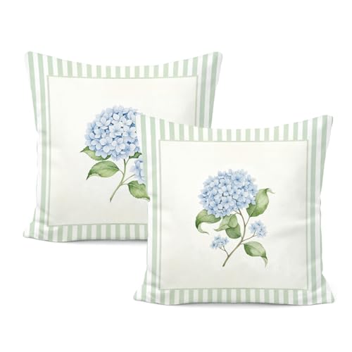 Blue Hydrangea Floral Pillow Covers 18x18, Blue Hydrangea Decor, Cottagecore Blue and White Striped Botanical Flower Decorative Pillow Covers for Bedroom Living Room, Set of 2 - color: White-blue Hydrangea Floral 1