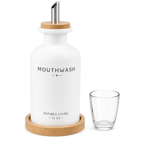 Mouthwash Dispenser for Bathroom, 12 OZ Refillable Glass Mouthwash Bottle with Cup and Bamboo Tray, Decorative Mouth Wash Dispenser Set for Bathroom (White) - color: White