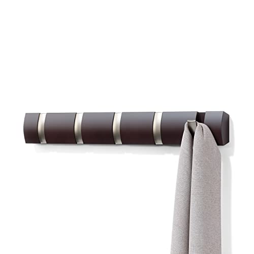 Umbra Flip Wall-Mounted Coat Rack with 5 Hooks – Modern, Space-Saving Storage for Hats, Jackets, Bags, Entryway, Mudroom, Closet, Bathroom, Bedroom – Espresso/Nickel - color: Espresso/Nickel, size: 5-Hook