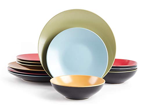 Stoneware Two-Tone Colors Life 12pc Dinnerware Set，Outside Shinny Black + Inside Matte Finished Very Funny - 4 Assorted Colors Turquoise, Olive, Curry, Red - color: Verry Funny, size: 12pc Set