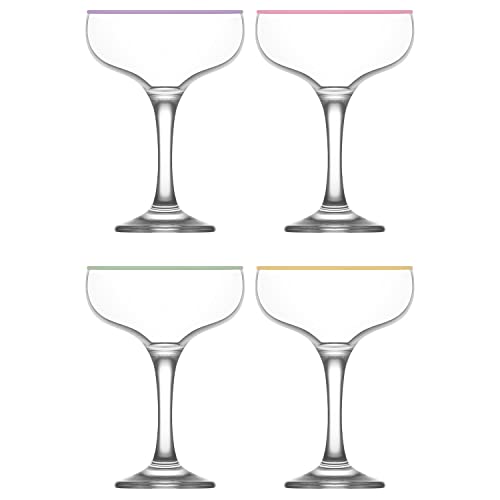 LAV Lead-Free Colorful Coupe Cocktail Glasses 8 oz Champagne Glass with Colored, Cleared Rims - Manhattan, Martini Glasses, Cocktails, Barware, Home, Restaurant, Birthday, Wedding Parties | Set of 4 - style: Multi Colored Coupe Glasses