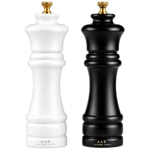 Wooden Black and White Manual Refillable Large Salt and Pepper Grinder Set, Shaker with Adjustable Ceramic Grinding Mechanism for Customized Coarseness, 8 Inches, Pack of 2