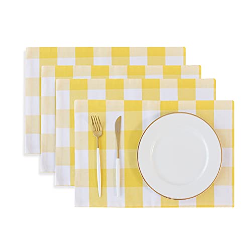 Yellow & White 2 Side Cotton Buffalo Check Placemats Set of 4 Heat Resistant Dining Table Place Mats for Kitchen Table, 12 x 18 inches - color: Plaids Yellow & White, size: Rectangular Placemats 12" x 18"