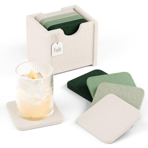 Fluxynara Felt Coasters with Holder, Set of 8 for Drinks, Sagewood | Square Felt Coasters, Absorbent, Heat-Resistant & Reusable for Drinks, Ideal for Coffee Tables and Living Rooms, 3.94 Inch - color: Sagewood, size: Square - 8 Count