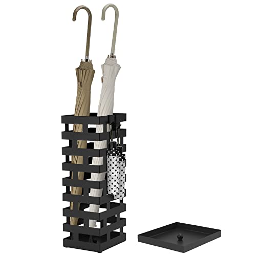 Tudomro Umbrella Stands for Entryway Large Metal Umbrella Holder 6.3 x 5.5 x 16.5 Inches with Removable Water Tray and Hooks Decor Freestanding Rectangular Hollow Rack for Home Office(Black) - color: Black, size: 6.3 x 5.5 x 16.5 Inch