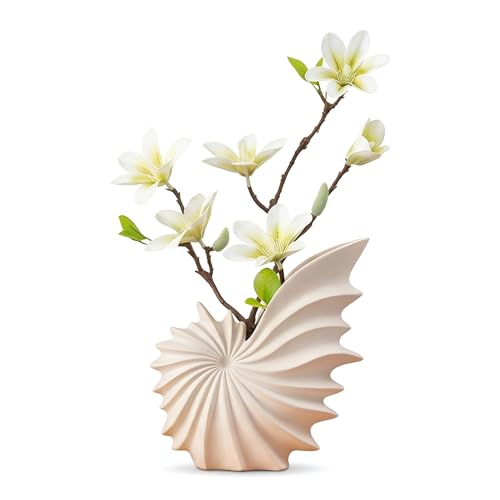 White Ceramic Seashell Vase for Pampas Grass and Flowers | Modern Tabletop Coastal Home Decor Accent for Living Room, Coffee Table, Entryway, Bookshelf and Dining Table