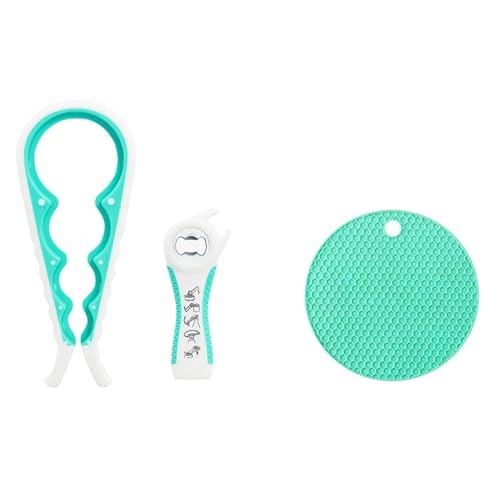 3 Piece Jar Opener Labor Saving Tool Set For Seniors Arthritis Weak Hands | Lever eases arthritic wrist strain dual honeycomb silicone mat heat trivet compact dishwasher safe gift for elderly seniors - color: white and blue