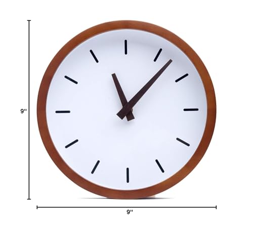 Driini Modern Mid Century Wood Analog Wall Clock (9") - Battery Operated with Silent Sweep Movement - Small Decorative Wooden Clocks for Bedrooms, Bathroom, Kitchen, Living Room, or Office… - size: 9"