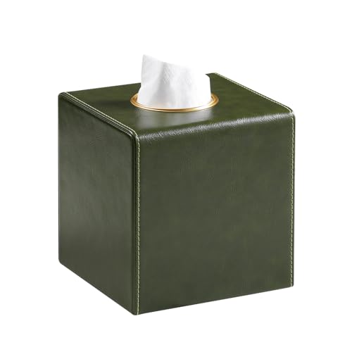 Square Tissue Box Cover with Magnetic Closure, Dark Green | Luxury PU Leather Tissue Holder with Gold Tone Metal Opening, Fits All Standard Cube Tissue Boxes - color: Dark Green