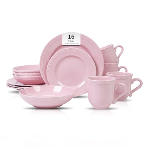 HomeVSS 16-Piece Pearl Dots Stoneware Dinnerware Set, Pink, Service for 4 | plates and bowls sets，dinnerware sets for 4,Pearl Dots Dinnerware，Microwave and Dishwasher Safe - color: Pink, size: 16pc Set