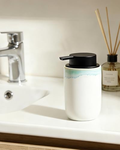 BosilunLife Hand Soap Dispenser for Kitchen, Bathroom Countertop | Foam Soap Dispenser Bathroom Ceramic Dish Liquid Soap Dispenser (White with Blue-Green Rim Liquid Pump) - color: White With Blue-green Rim-1 Pack