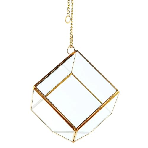 Handblown Geometric Hanging Glass Terrarium with Chain - 4.5" - Gold and Clear