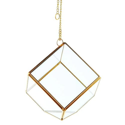 Handblown Geometric Hanging Glass Terrarium with Chain - 4.5" - Gold and Clear