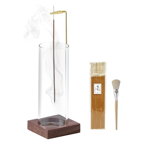 Ceremony Incense Holder, Wooden Incense Holder for Sticks with Glass Ash Catcher Inverted Scent Holder - color: Wooden Round
