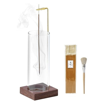 Ceremony Incense Holder, Wooden Incense Holder for Sticks with Glass Ash Catcher Inverted Scent Holder - color: Wooden Round