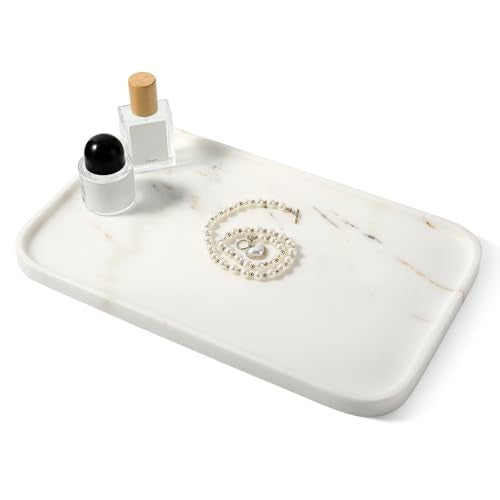 Karibiber Calacatta Vanity Tray, 14 in Marble Stone Bathroom Tray for Countertop, Golden Marble Decorative Perfume Tray for Dresser, Large Nightstand Tray, Storage Tray for Coffee Table - color: White