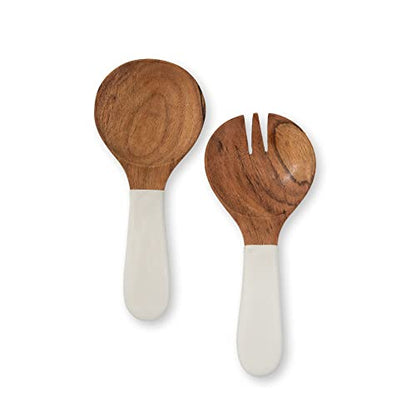 Wooden Salad Servers, Set of 2, Acacia Wood & White Enamel Tongs, Handcrafted Serving Utensils - color: White Enamel
