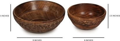 ETROVES Wooden Fruit Bowl Wood For Kitchen Counter Bowl Set for Food/Fruit/Salad - Carved Wood Bowls for Decor - Medium and Small Set of 2, Brown