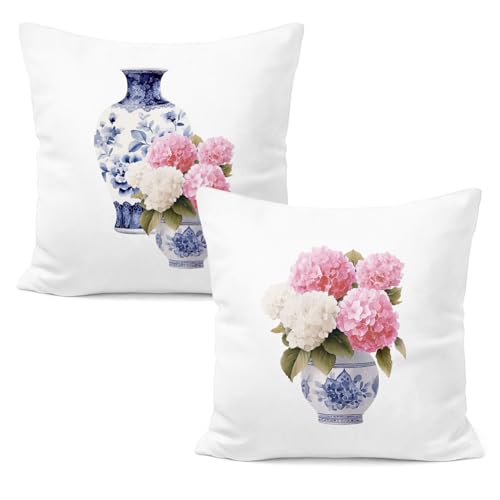 Blue and White Chinoiserie Vase Hydrangea Floral Pillow Covers 18x18 Set of 2, Grandmillennial Home Decor, Cottagecore Pink and White Hydrangea Decorative Throw Pillow Covers for Home Room - color: White-pink Hydrangea Chinoiserie Floral