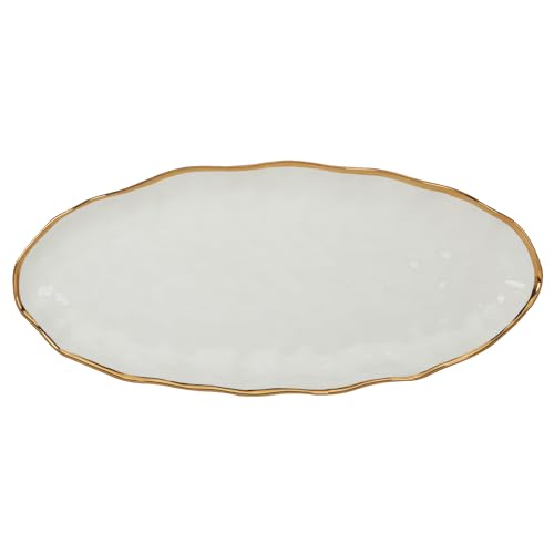 Regency Gold 19.5-Inch Porcelain Oval Fish Platter with Scalloped Edges & Metallic Gold Rim, Elegant Serving Platter for Fish, Appetizers & Side Dishes, Ideal for Entertaining, Everyday
