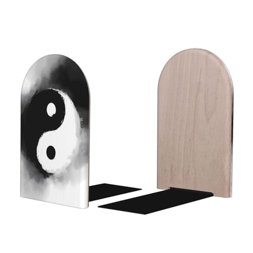 Yin and Yang for Wooden Bookends Set of 2, Heavy Duty Non-Slip Book Ends with Metal Base, Bookends for Shelves Desk Office Classroom Home