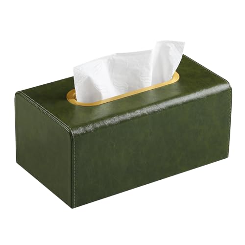 Rectangle Tissue Box Cover for Boxes Up to 3.9" Tall, Dark Green | Luxury PU Leather Tissue Holder with Gold Tone Metal Opening, Decorative Rectangular Tissue Cover with Magnetic Closure - color: Rectangle Green - Fits ≤3.9" Tall Boxes