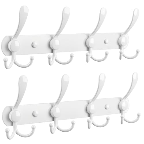 YUNISS Coat Rack Wall Mounted，4 Tri Stainless Steel Coat Hook for Coat Hat Robes Towel in Mudroom Entryway (White, 2 Pack 4) - color: White, size: 2 Pack 4