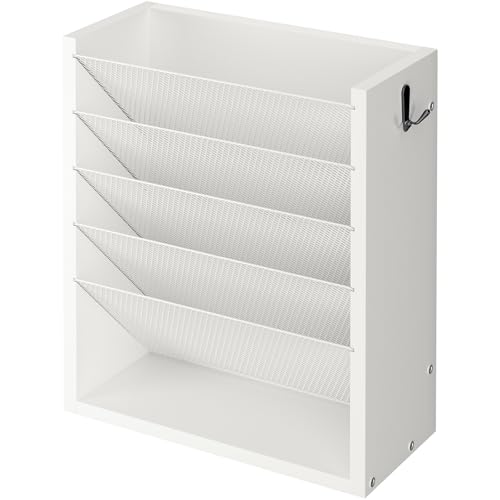Mail Organizer Wall Mounted, 6-Slot Hanging File Organizer with Key Holder | Mail Sorter, Wood Letter Holder for Envelopes Bills Magazine Folders Papers Accessories for Home Office, White - color: White （wall Mount）