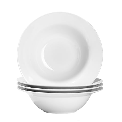 Soup and Pasta Bowls Set of 4, White Porcelain Wide Rim Salad Plates 27 oz Large Round Deep Plate 9 inch Ceramic Serving Bowl for Entree Dinner Noodle Kitchen Entertaining, Microwave & Dishwasher Safe - color: Round9.25"