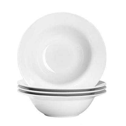 Soup and Pasta Bowls Set of 4, White Porcelain Wide Rim Salad Plates 27 oz Large Round Deep Plate 9 inch Ceramic Serving Bowl for Entree Dinner Noodle Kitchen Entertaining, Microwave & Dishwasher Safe - color: Round9.25"