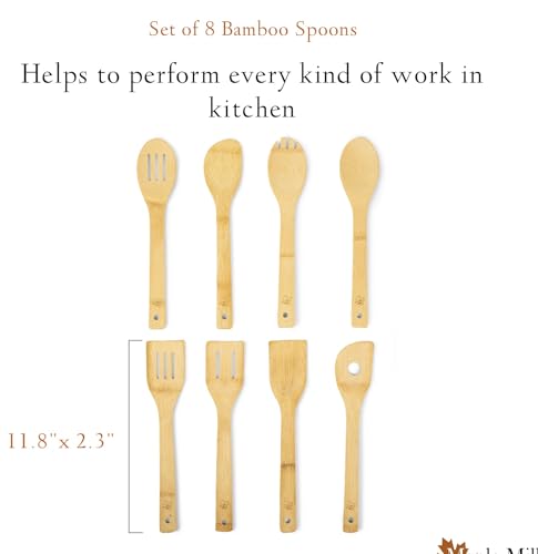 Bamboo Spoons for Cooking - Set of 8 Spoons - Wooden Cooking Spoons - Non-toxic & Organic Bamboo Cooking Utensils with Spoon Set & Spatula - Premium Kitchen Utensils - color: Without Holder